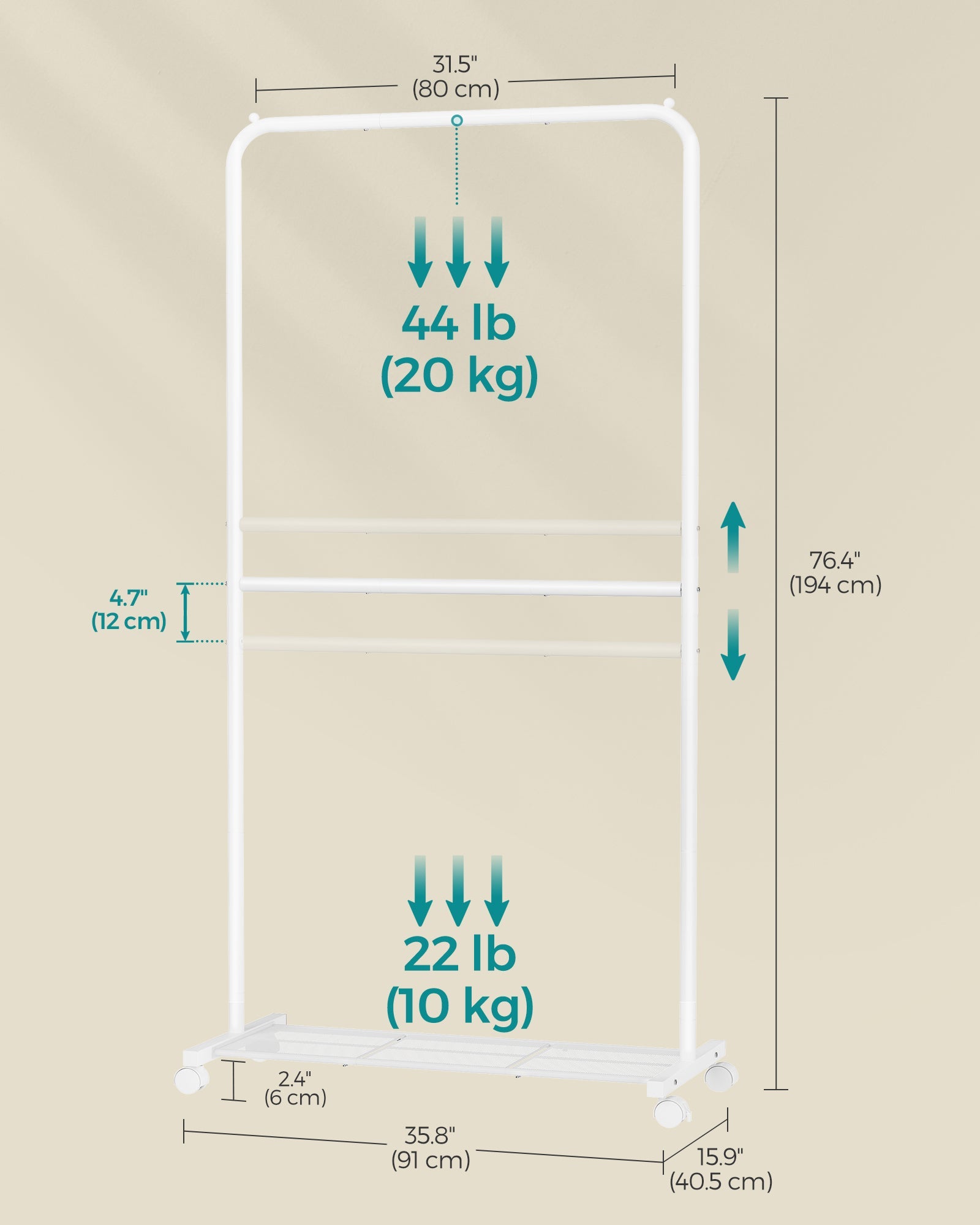 Double-Rod Clothes Rail – Metal – White – Mobile with Storage Shelf and Lockable Wheels