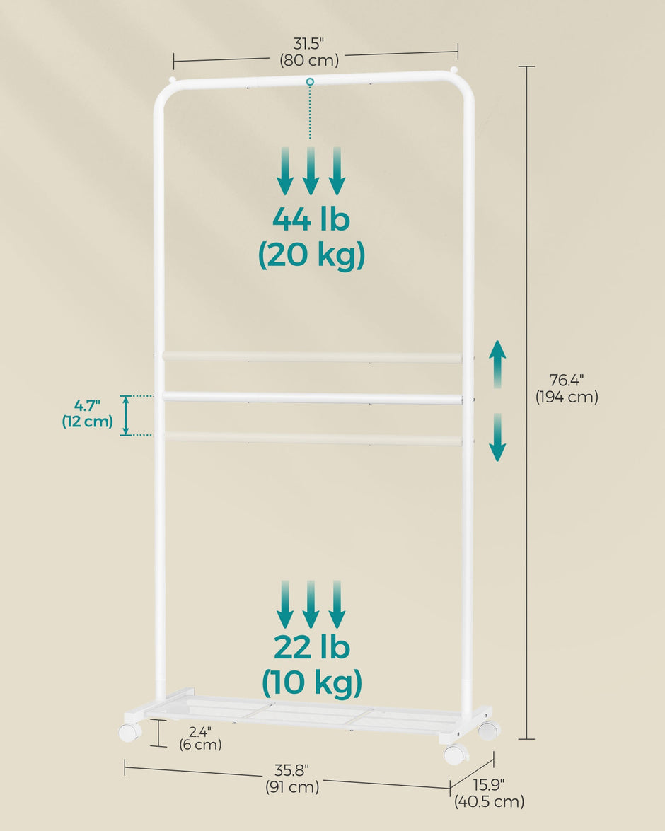 Double-Rod Clothes Rail – Metal – White – Mobile with Storage Shelf and Lockable Wheels