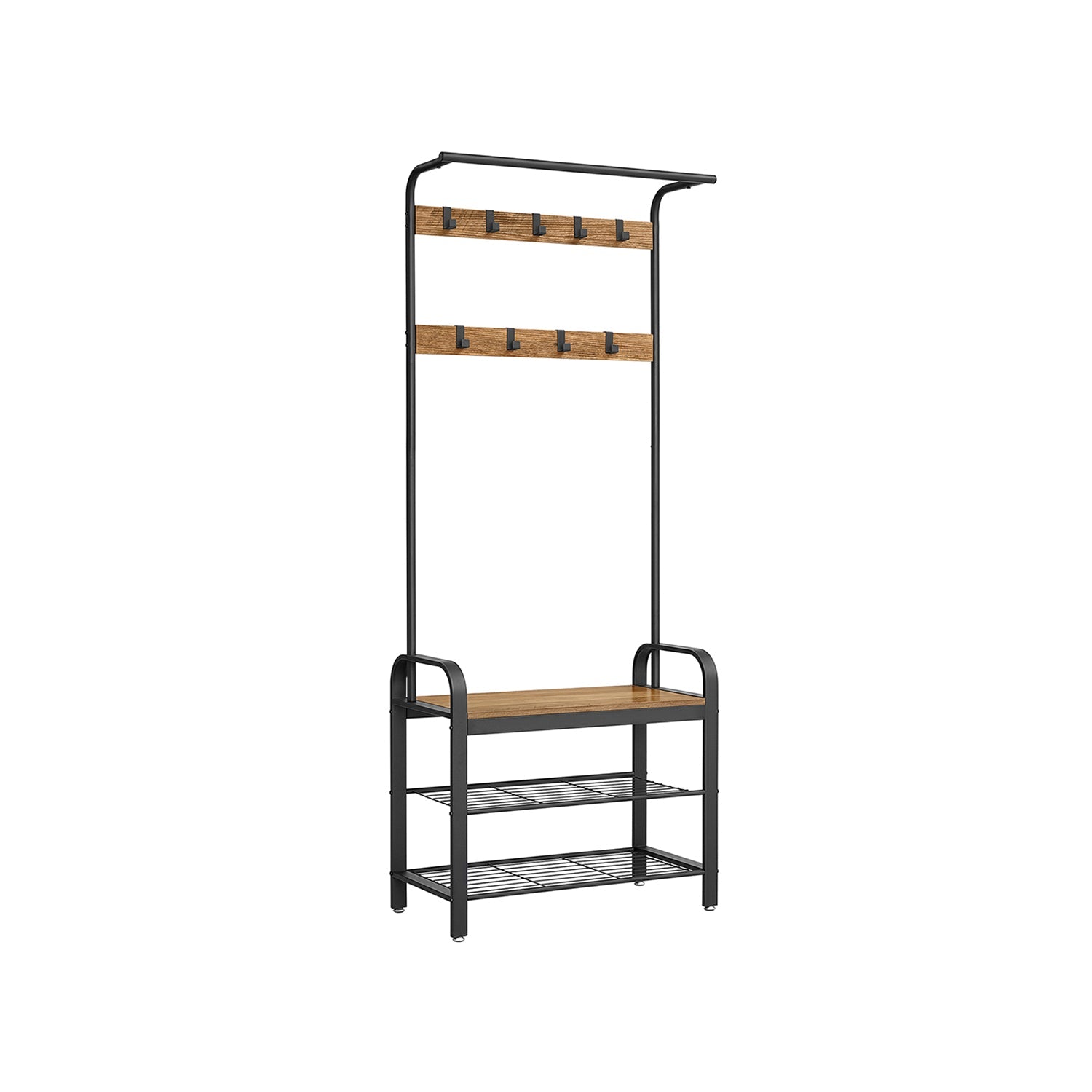 Coat Stand with Shoe Storage Bench – Steel – Rustic Walnut and Black – Free Standing with Removable Hooks