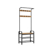 Coat Stand with Shoe Storage Bench – Steel – Rustic Walnut and Black – Free Standing with Removable Hooks
