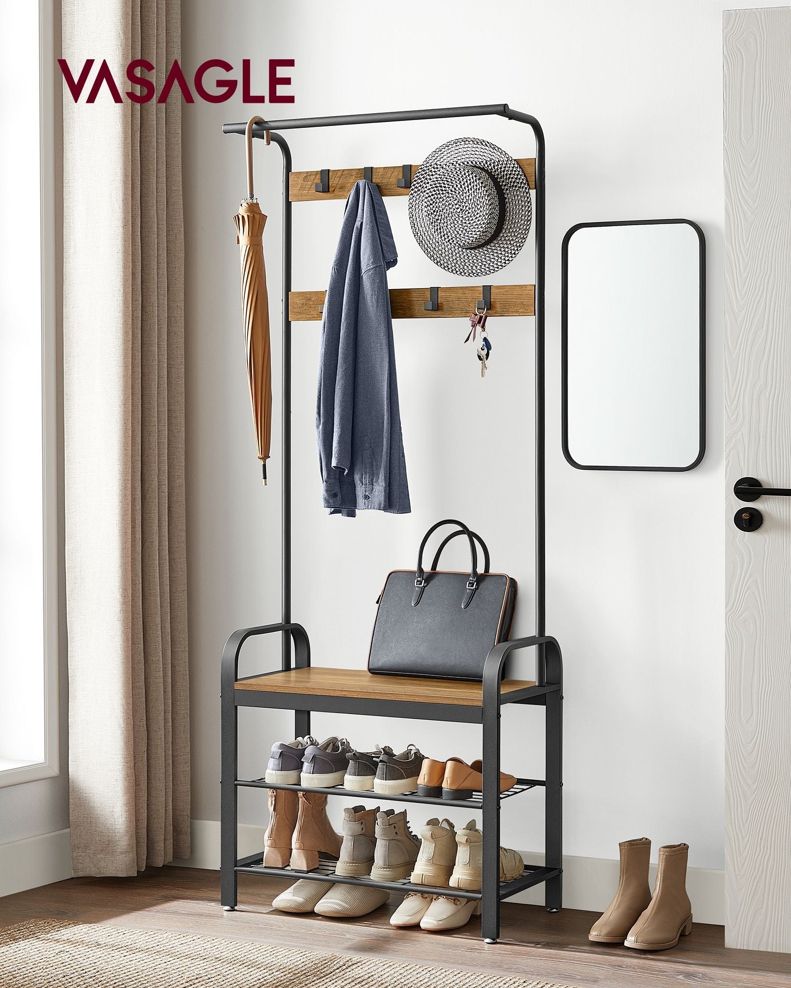 Coat Stand with Shoe Storage Bench – Steel – Rustic Walnut and Black – Free Standing with Removable Hooks