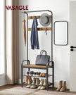 Coat Stand with Shoe Storage Bench – Steel – Rustic Walnut and Black – Free Standing with Removable Hooks