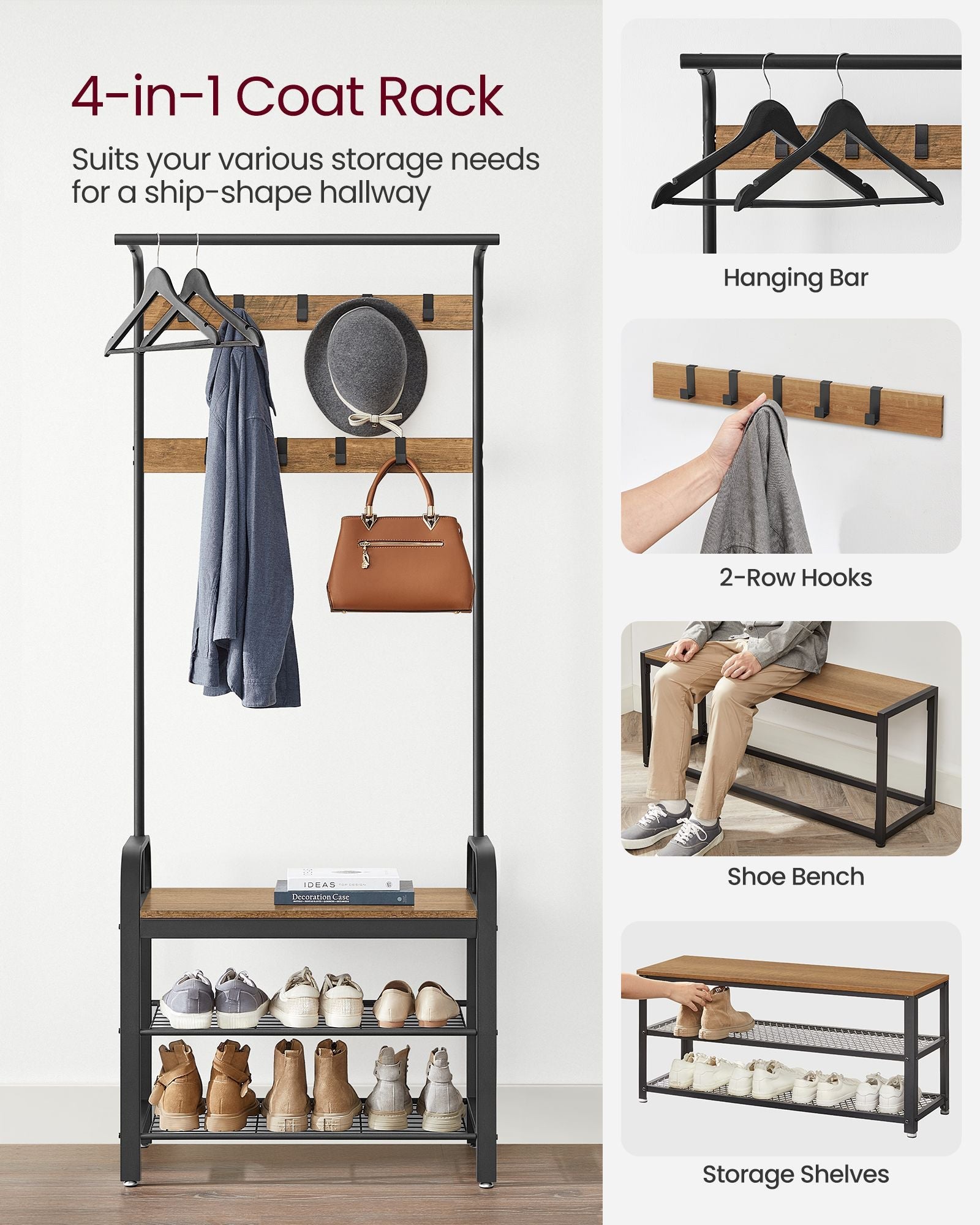 Coat Stand with Shoe Storage Bench – Steel – Rustic Walnut and Black – Free Standing with Removable Hooks