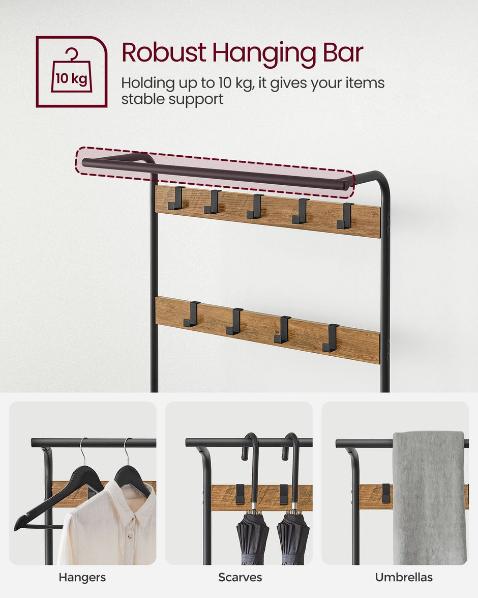 Coat Stand with Shoe Storage Bench – Steel – Rustic Walnut and Black – Free Standing with Removable Hooks