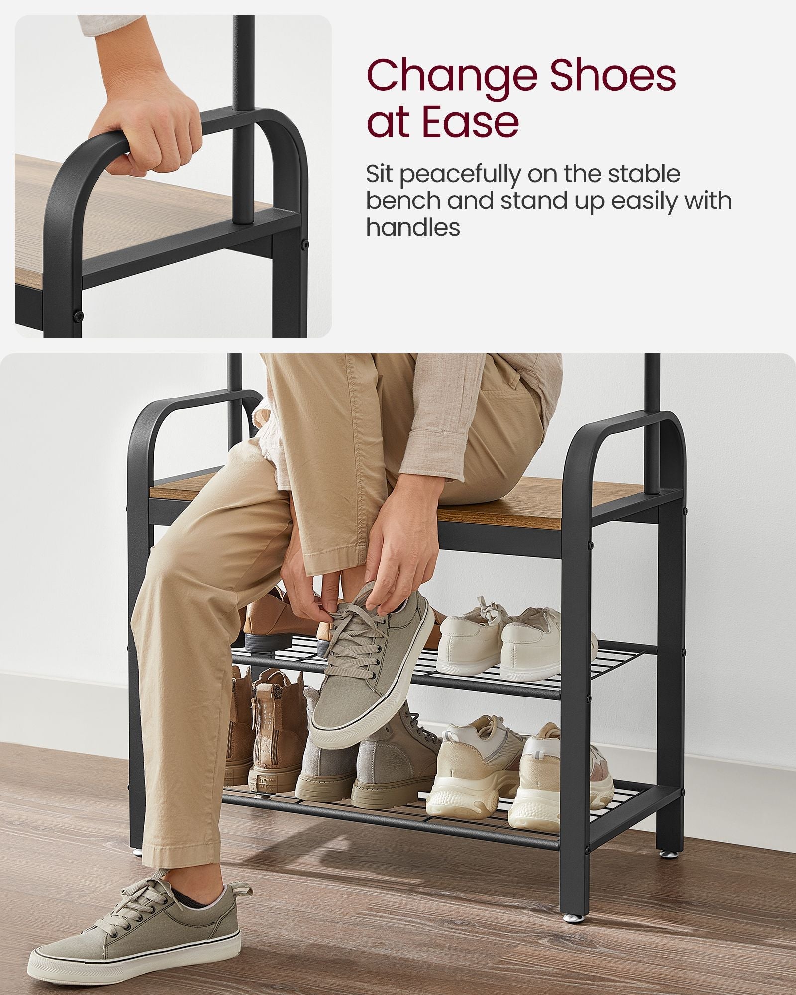 Coat Stand with Shoe Storage Bench – Steel – Rustic Walnut and Black – Free Standing with Removable Hooks
