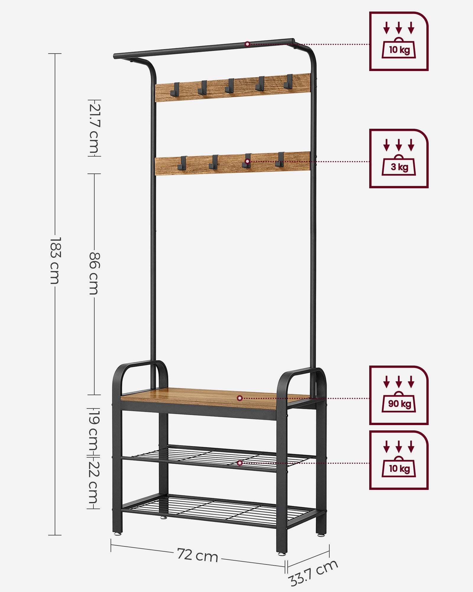 Coat Stand with Shoe Storage Bench – Steel – Rustic Walnut and Black – Free Standing with Removable Hooks