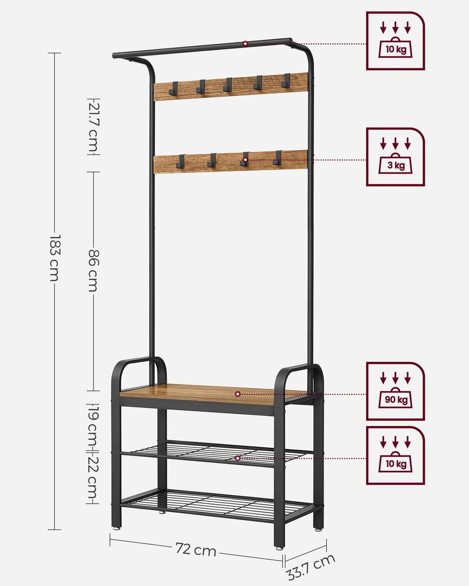 Coat Stand with Shoe Storage Bench – Steel – Rustic Walnut and Black – Free Standing with Removable Hooks