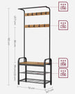 Coat Stand with Shoe Storage Bench – Steel – Rustic Walnut and Black – Free Standing with Removable Hooks