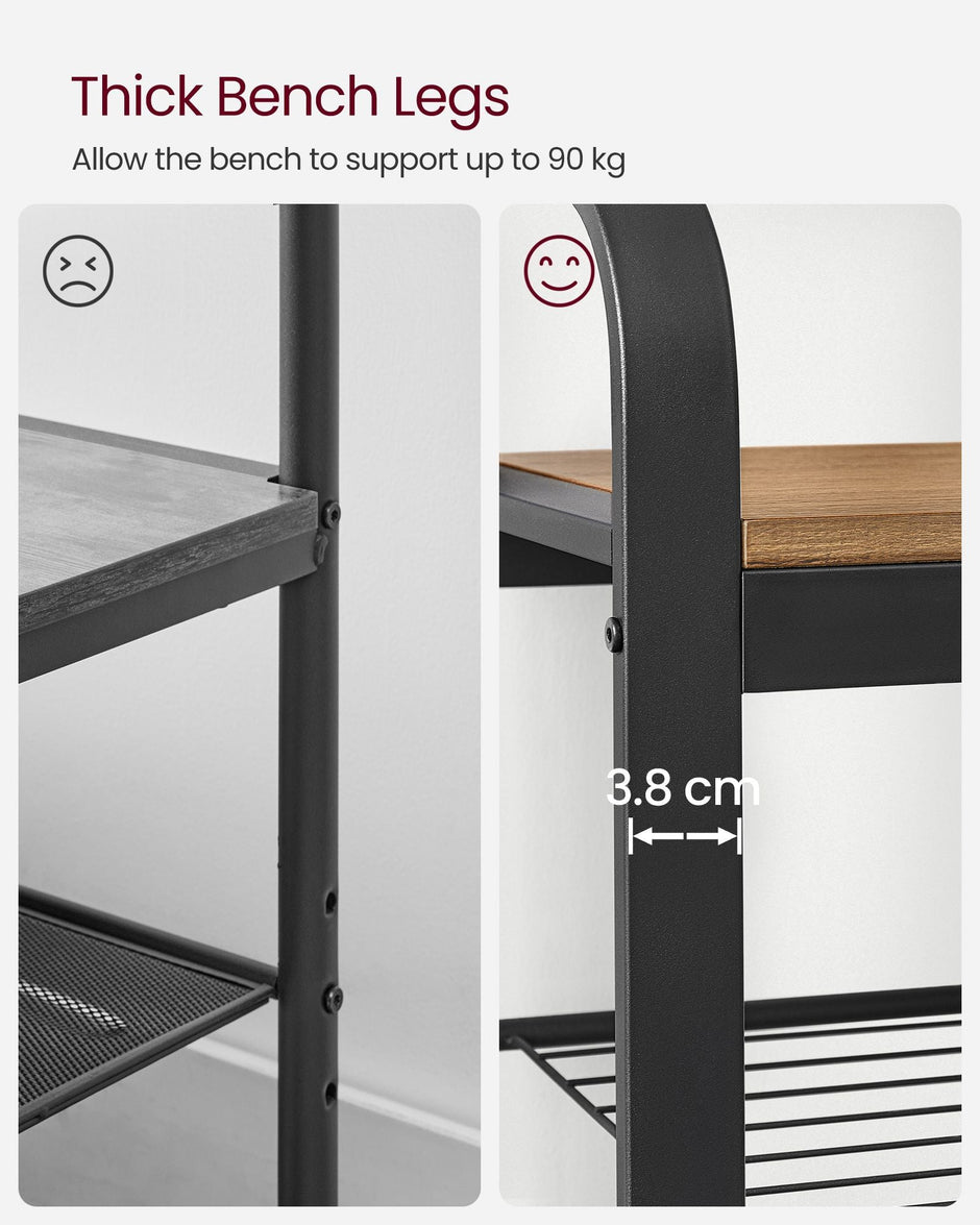 Coat Stand with Shoe Storage Bench – Steel – Rustic Walnut and Black – Free Standing with Removable Hooks
