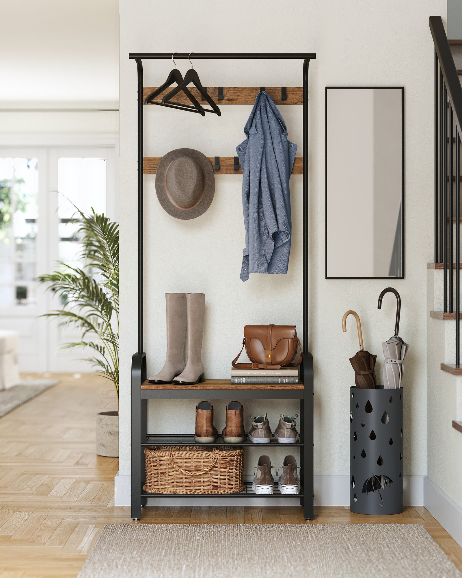 Coat Stand with Shoe Storage Bench – Steel – Rustic Walnut and Black – Free Standing with Removable Hooks