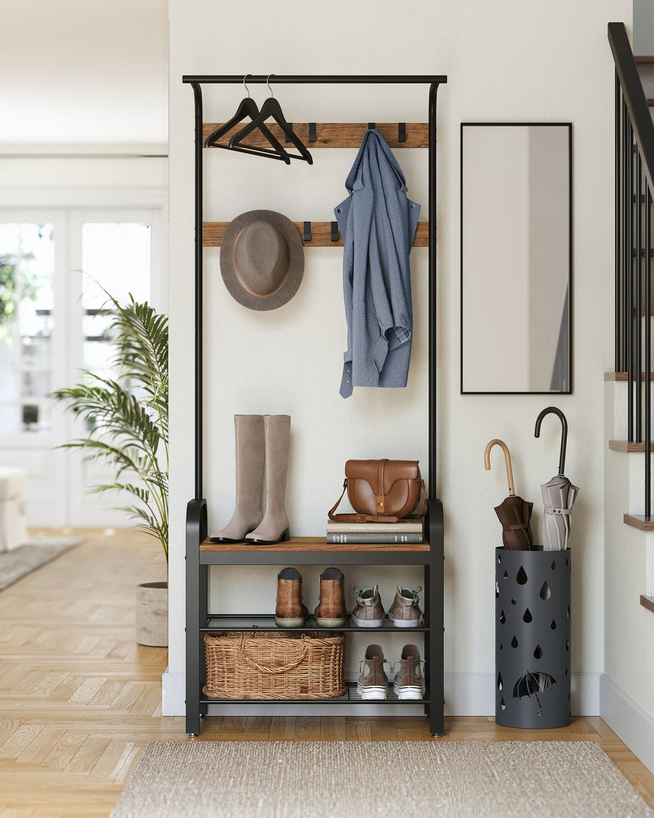 Coat Stand with Shoe Storage Bench – Steel – Rustic Walnut and Black – Free Standing with Removable Hooks