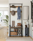 Coat Stand with Shoe Storage Bench – Steel – Rustic Walnut and Black – Free Standing with Removable Hooks