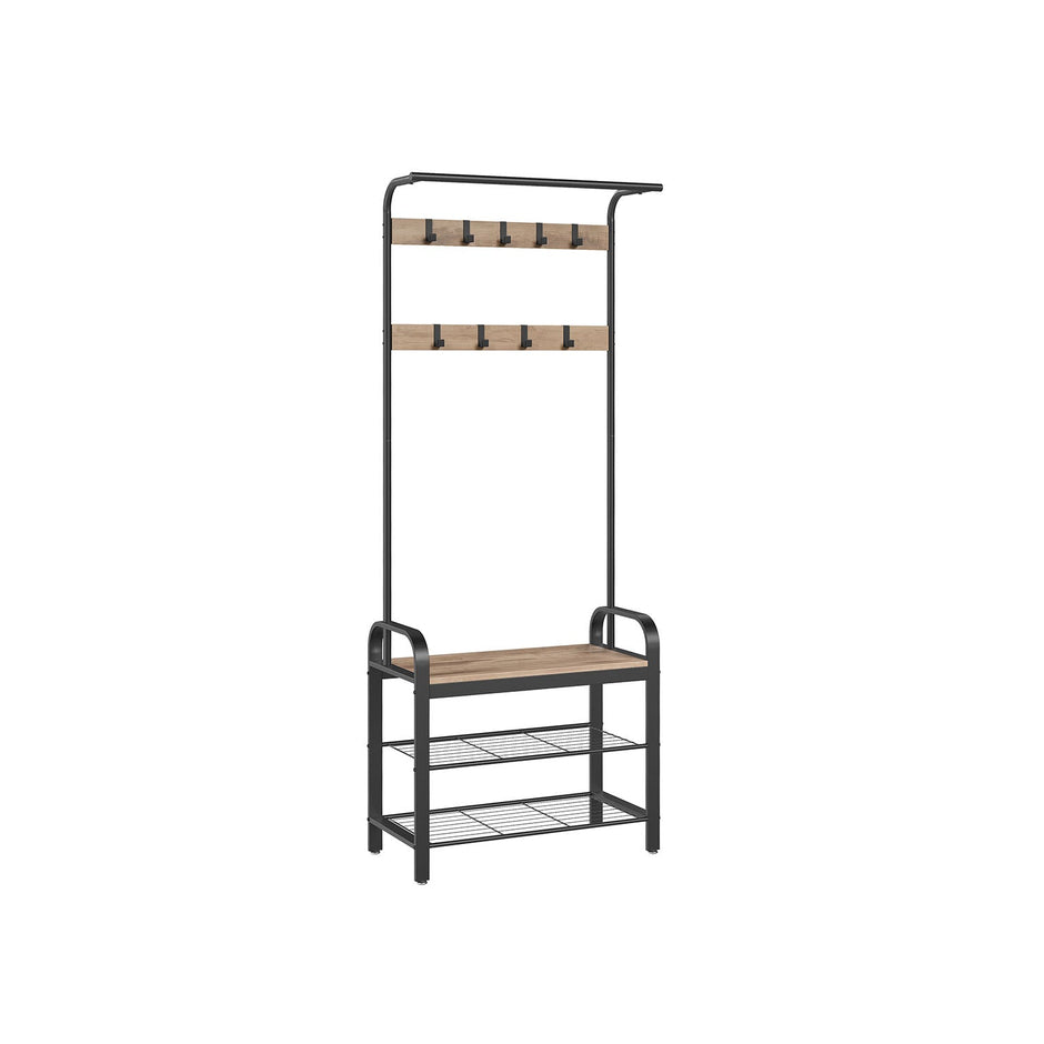 Coat Rack Stand – Steel – Hazelnut Brown and Black – Free Standing with Shoe Storage Bench