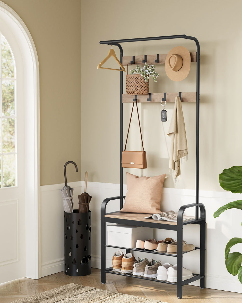 Coat Rack Stand – Steel – Hazelnut Brown and Black – Free Standing with Shoe Storage Bench