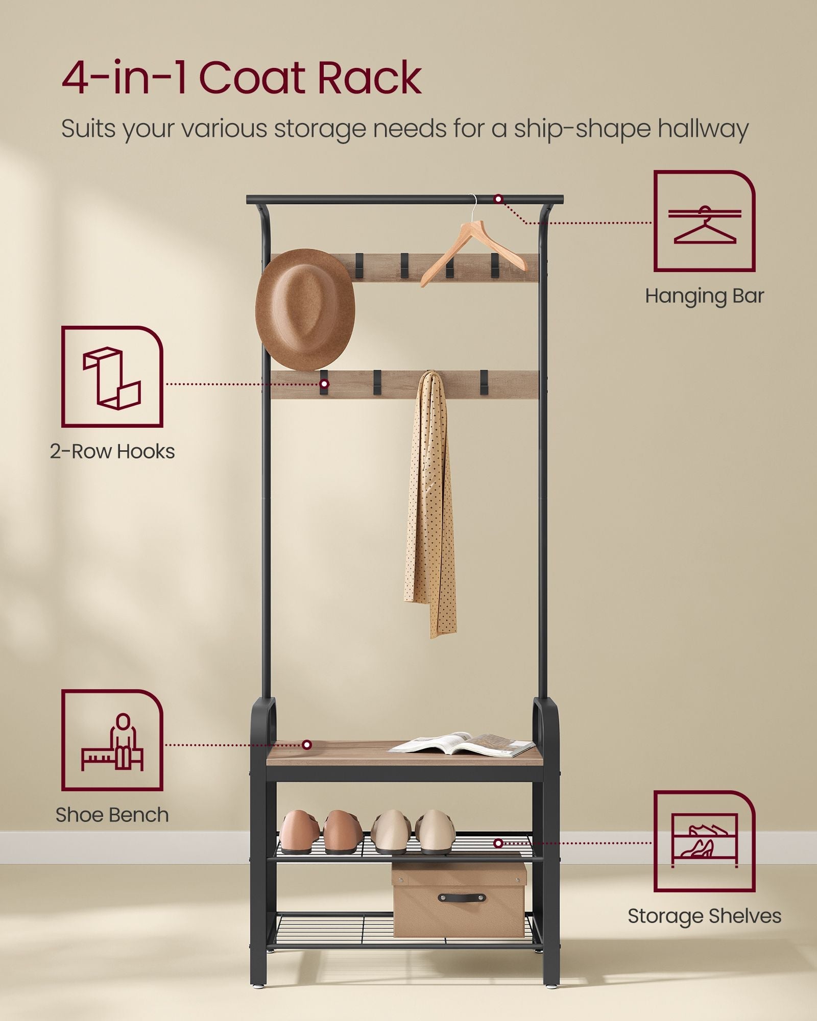 Coat Rack Stand – Steel – Hazelnut Brown and Black – Free Standing with Shoe Storage Bench
