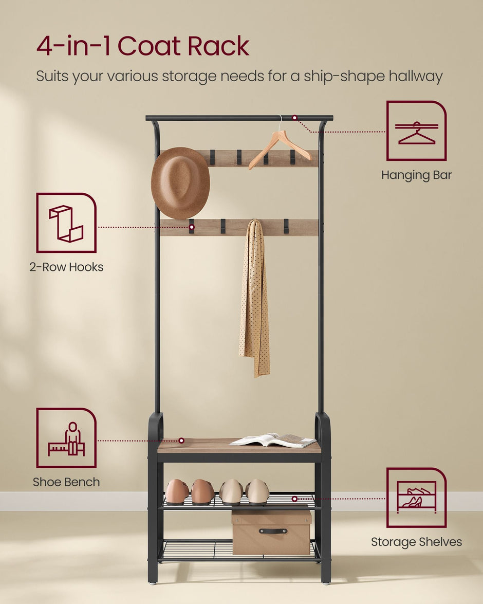 Coat Rack Stand – Steel – Hazelnut Brown and Black – Free Standing with Shoe Storage Bench