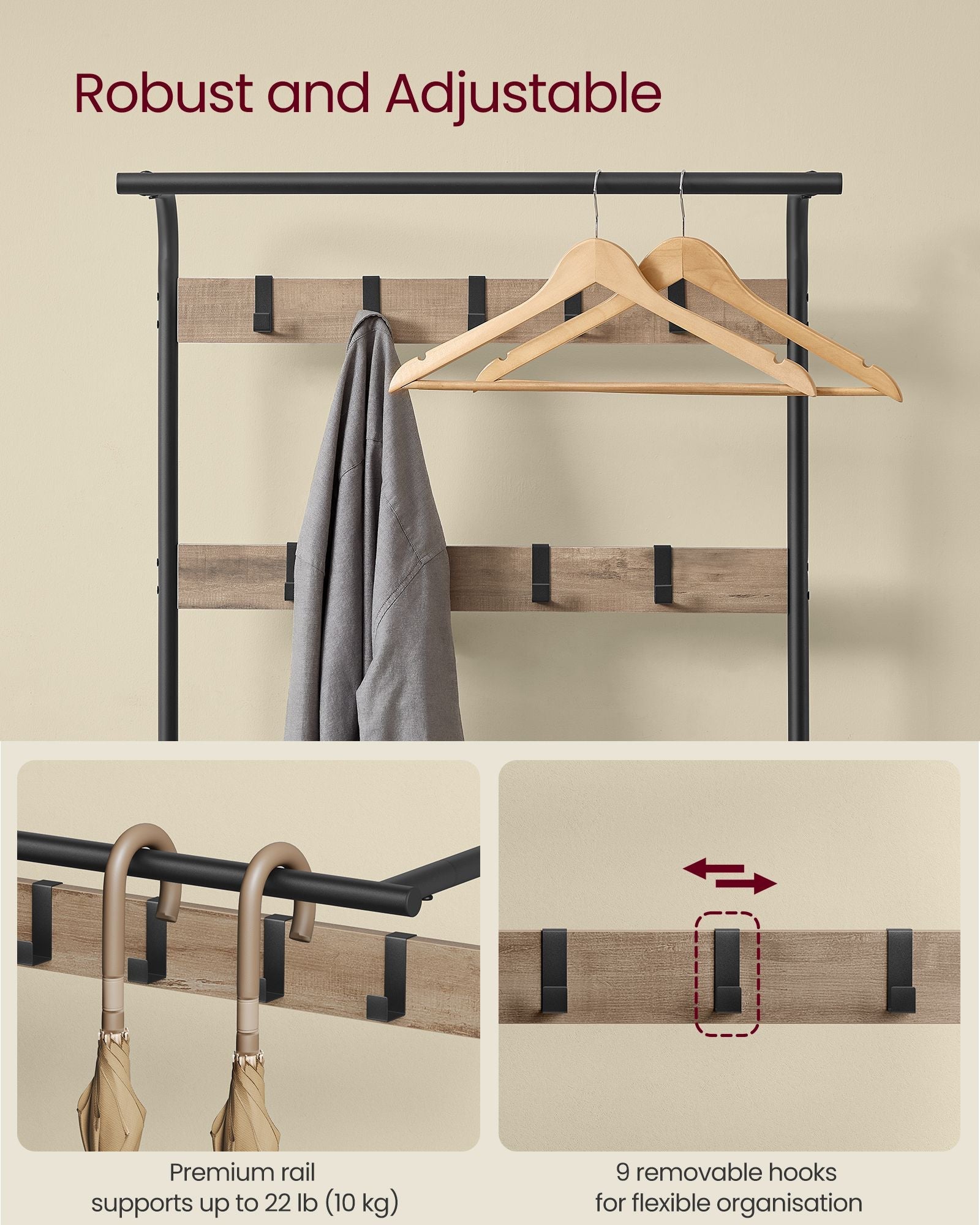Coat Rack Stand – Steel – Hazelnut Brown and Black – Free Standing with Shoe Storage Bench