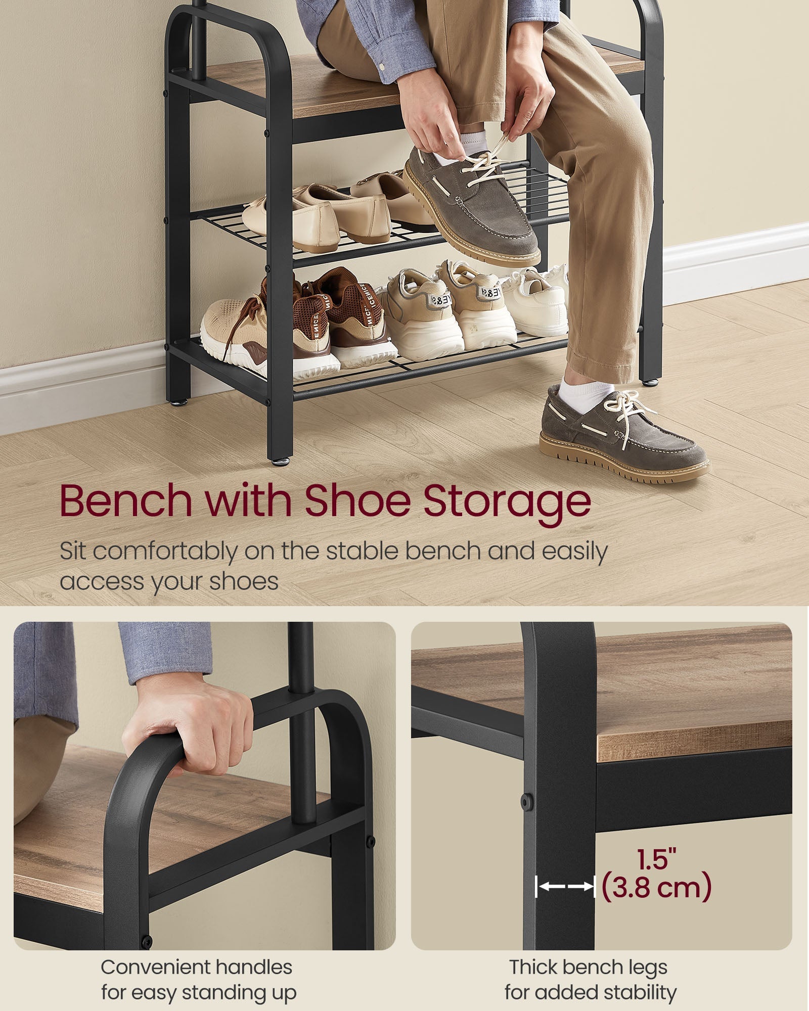Coat Rack Stand – Steel – Hazelnut Brown and Black – Free Standing with Shoe Storage Bench