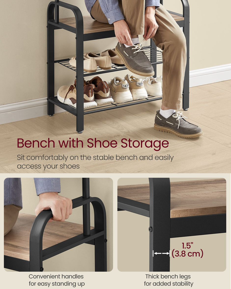 Coat Rack Stand – Steel – Hazelnut Brown and Black – Free Standing with Shoe Storage Bench