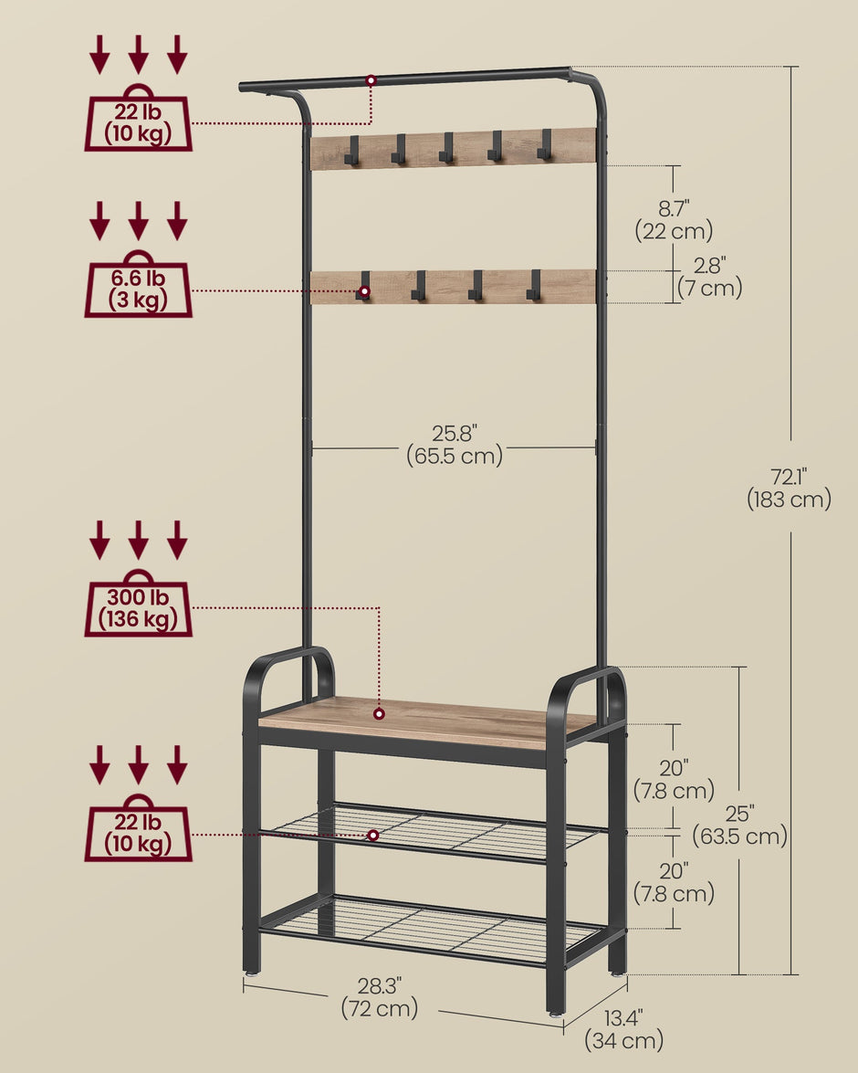 Coat Rack Stand – Steel – Hazelnut Brown and Black – Free Standing with Shoe Storage Bench