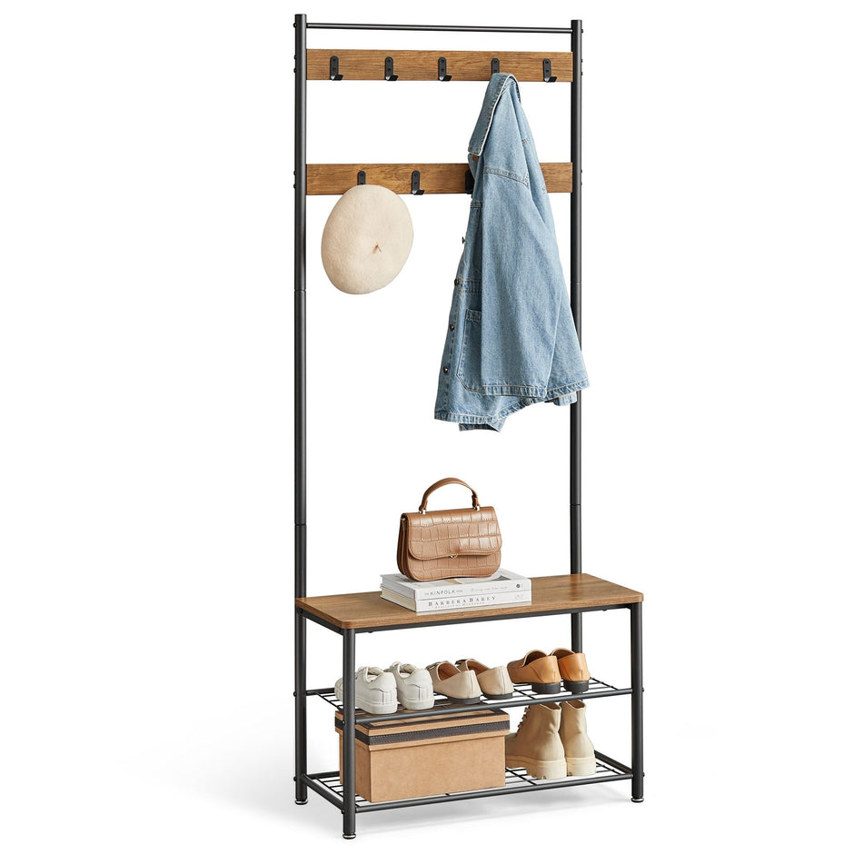Coat Rack – Wood – Walnut Brown and Black – Multi-functional with Shelves and Seating