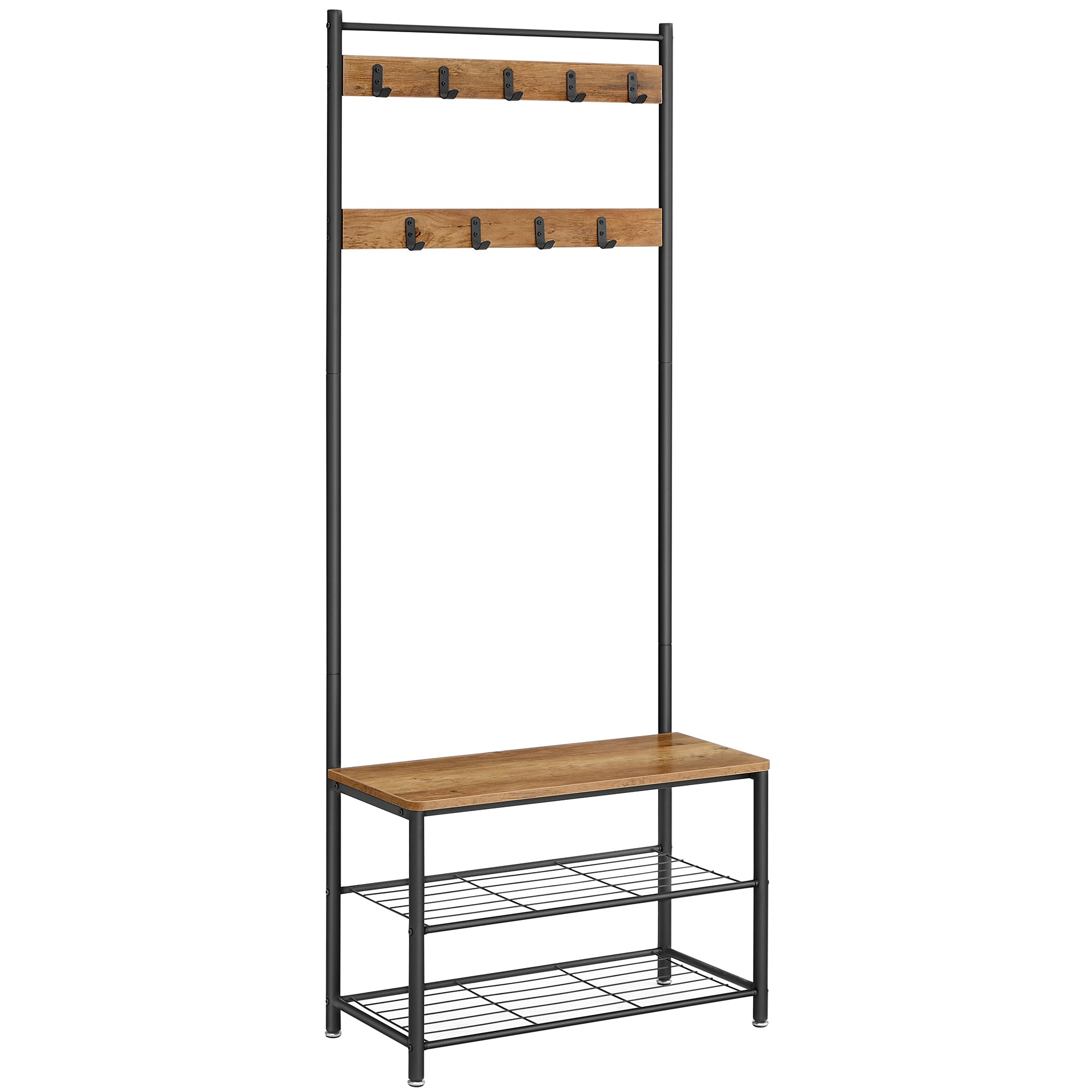 Coat Rack Stand – Wood – Rustic Walnut and Black – With Shoe Storage Bench