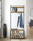 Coat Rack Stand – Wood – Rustic Walnut and Black – With Shoe Storage Bench