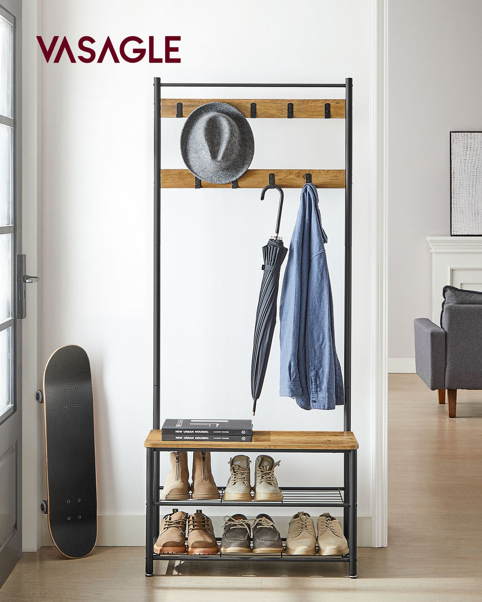 Coat Rack – Wood – Walnut Brown and Black – Multi-functional with Shelves and Seating