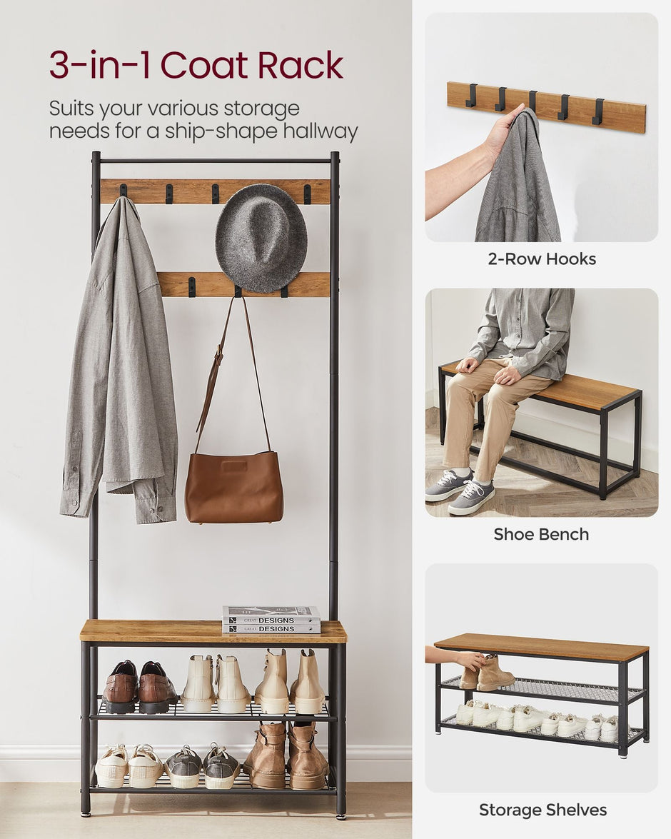 Coat Rack – Wood – Walnut Brown and Black – Multi-functional with Shelves and Seating