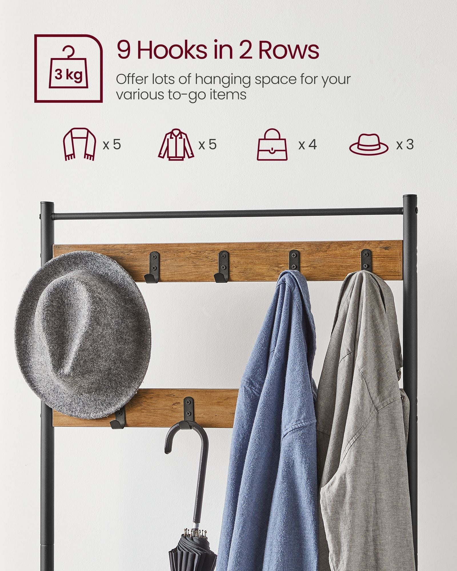 Coat Rack Stand – Wood – Rustic Walnut and Black – With Shoe Storage Bench
