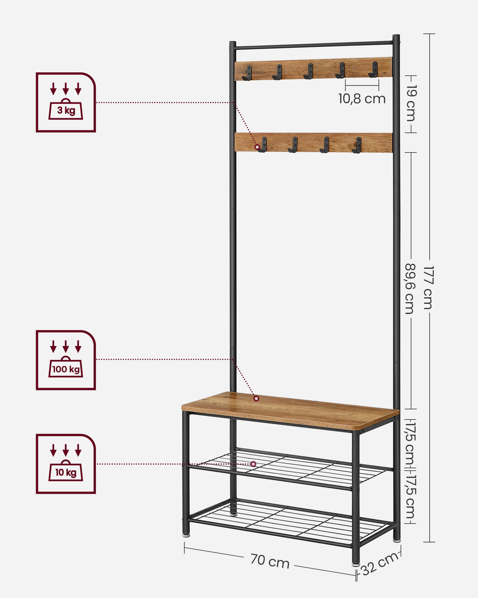 Coat Rack Stand – Wood – Rustic Walnut and Black – With Shoe Storage Bench