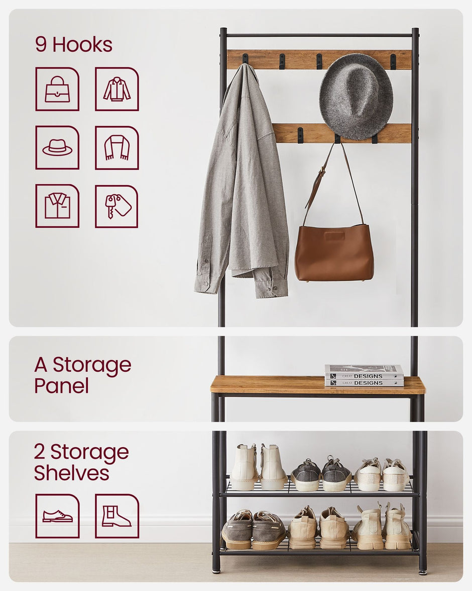 Coat Rack – Wood – Walnut Brown and Black – Multi-functional with Shelves and Seating
