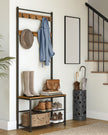 Coat Rack Stand – Wood – Rustic Walnut and Black – With Shoe Storage Bench