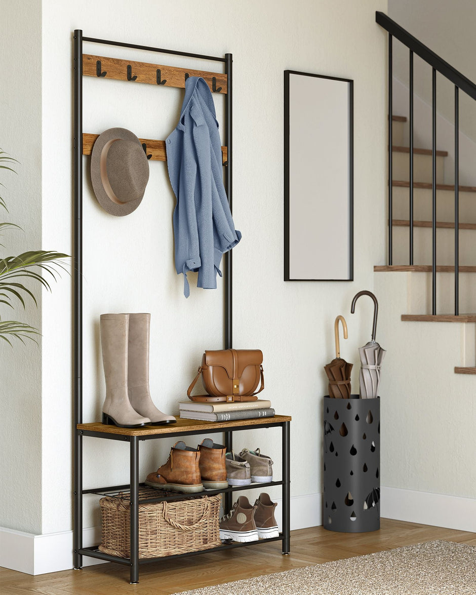 Coat Rack – Wood – Walnut Brown and Black – Multi-functional with Shelves and Seating