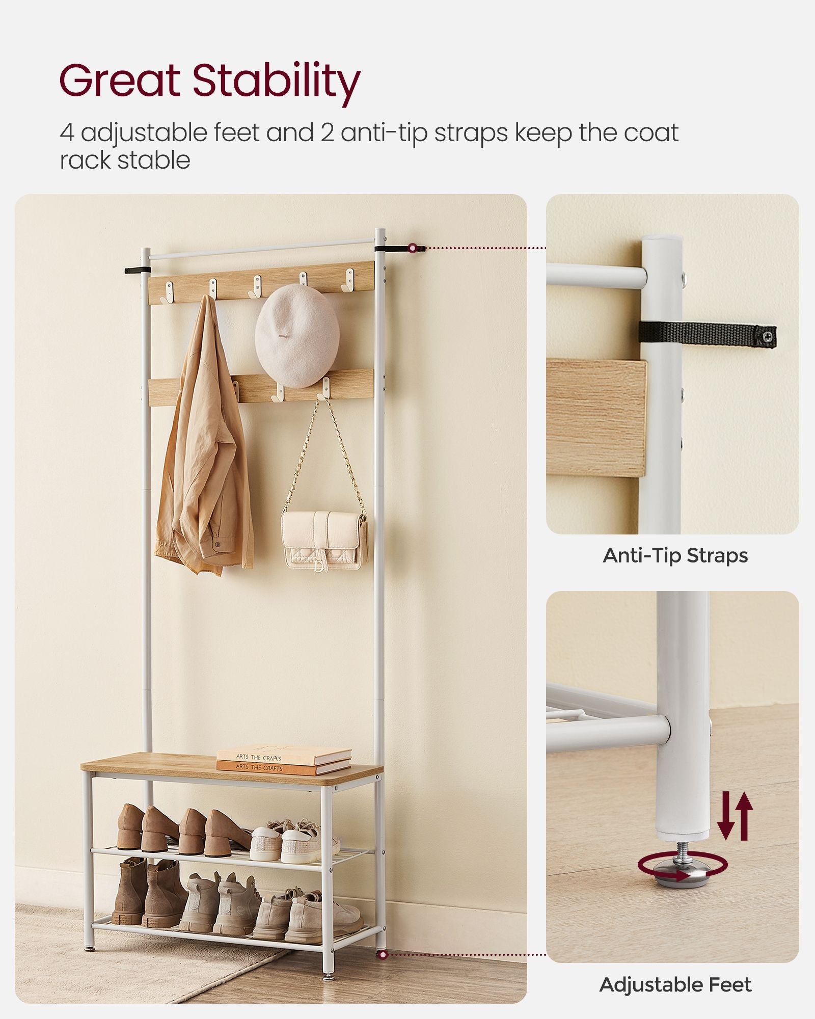 Coat Stand – Wood – Natural – With Shoe Storage Bench