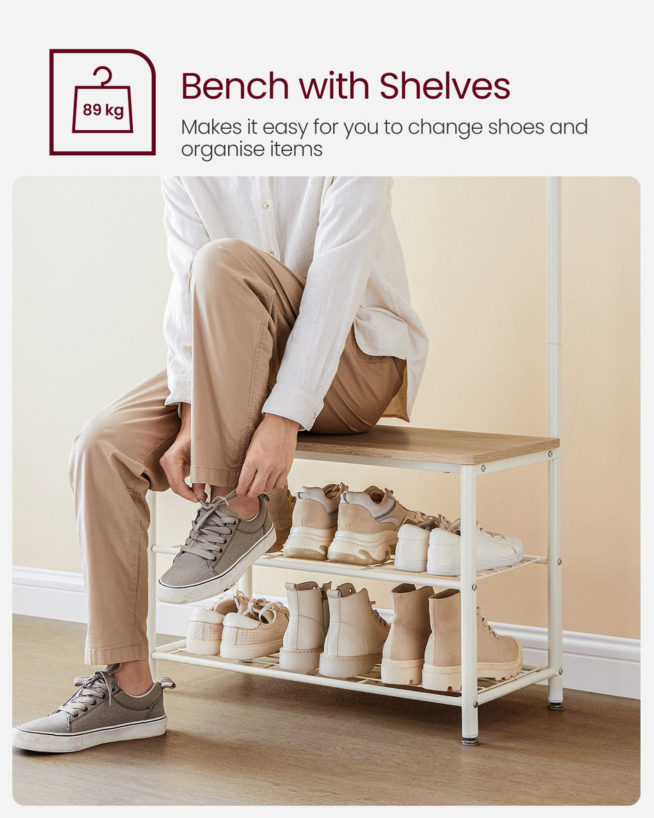 Coat Stand – Wood – Natural – With Shoe Storage Bench
