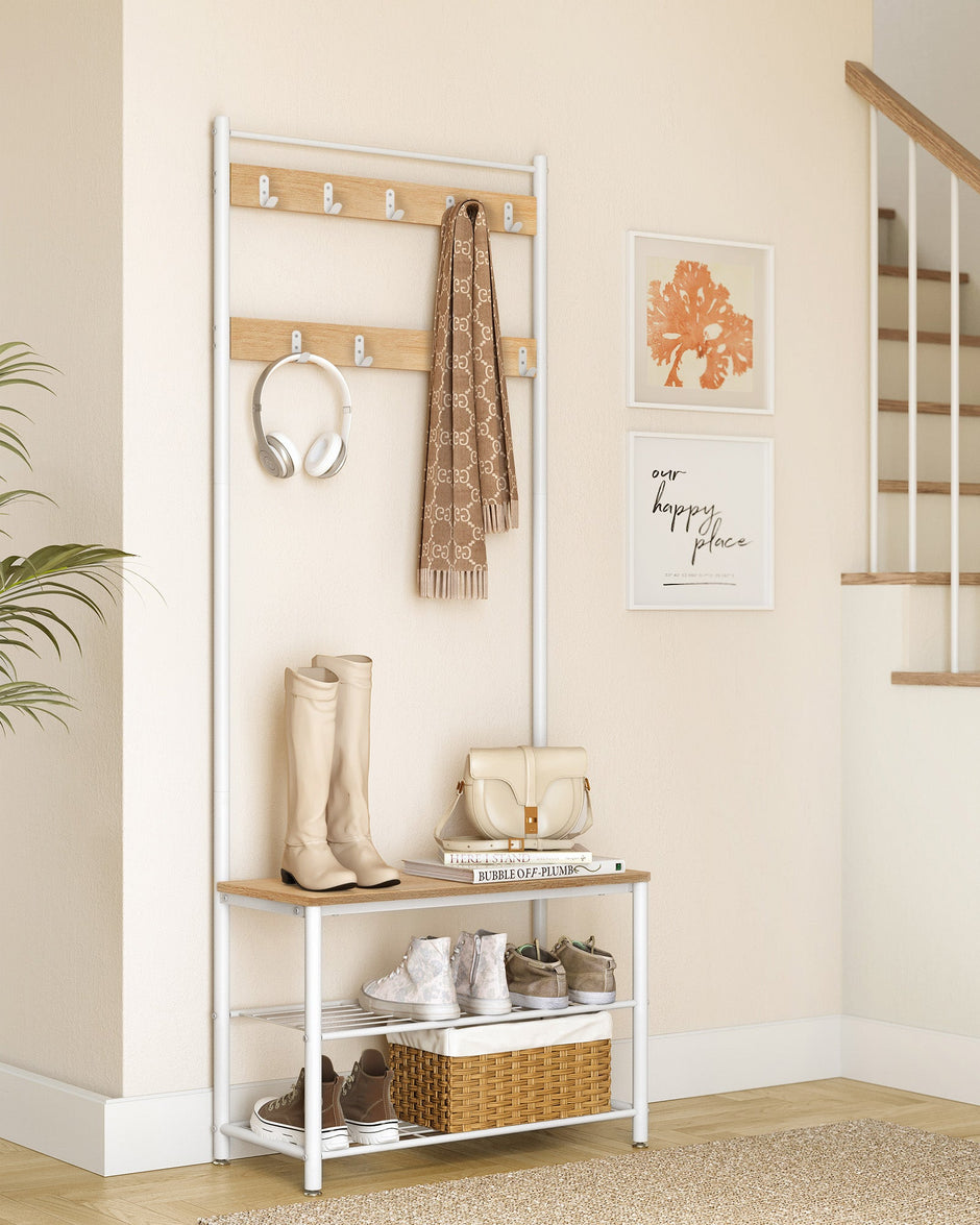Coat Stand – Wood – Natural – With Shoe Storage Bench