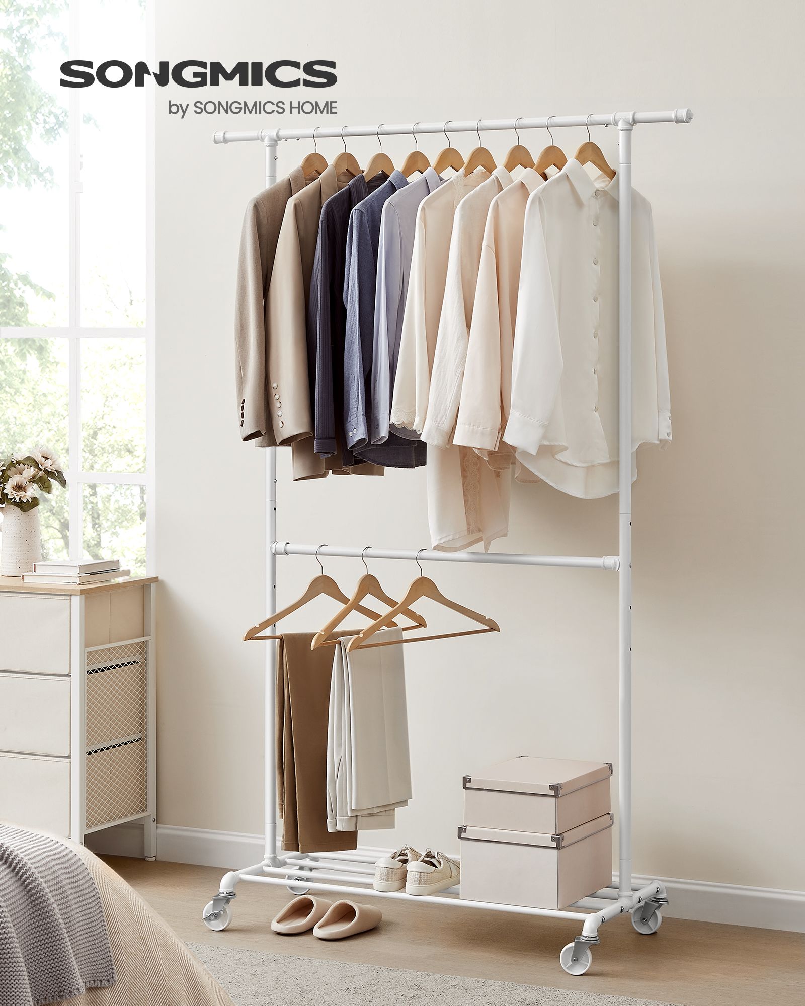 Adjustable Clothes Rack – Metal – Industrial Gray – Double Rail with Storage Shelf on Wheels