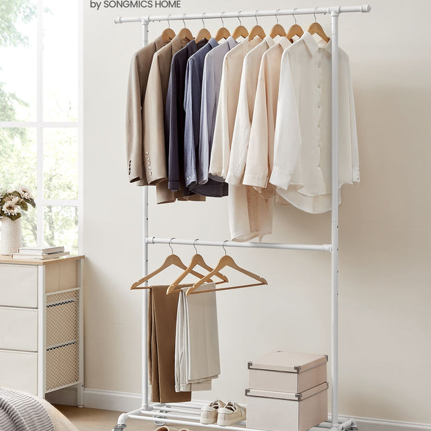 Adjustable Clothes Rack – Metal – Industrial Gray – Double Rail with Storage Shelf on Wheels
