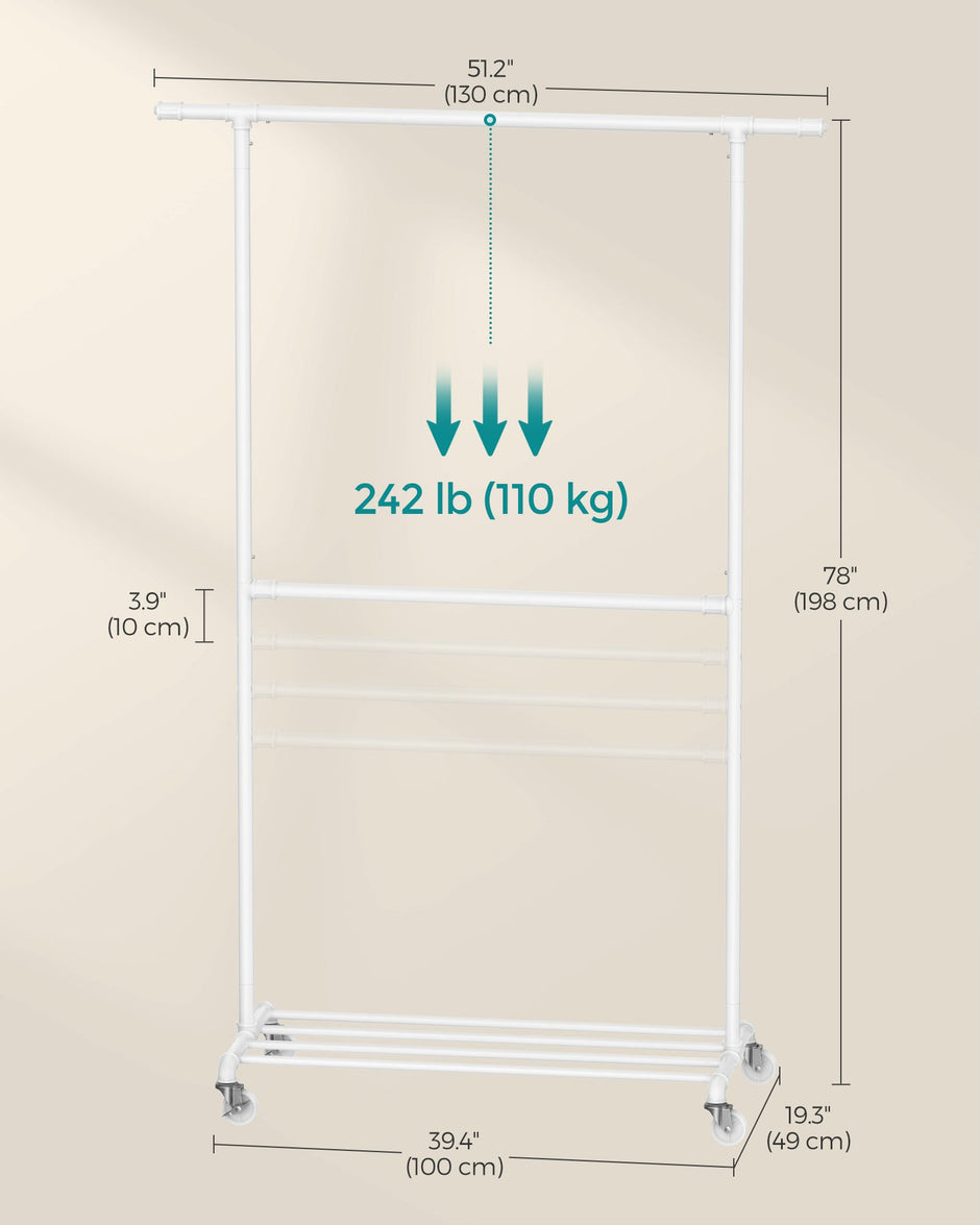 Adjustable Clothes Rack – Metal – Industrial Gray – Double Rail with Storage Shelf on Wheels