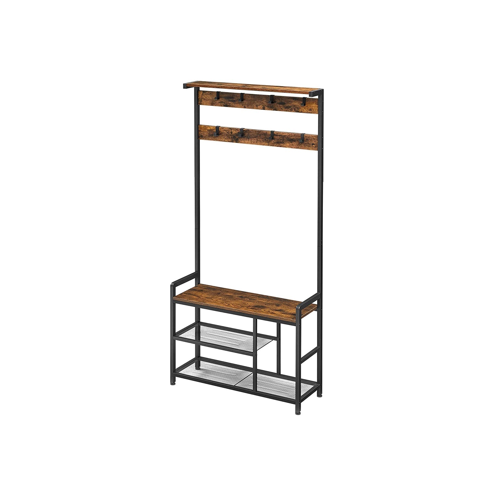 Coat Rack – Steel Frame – Rustic Brown and Black – Hall Tree with 8 Hooks and Shoe Bench