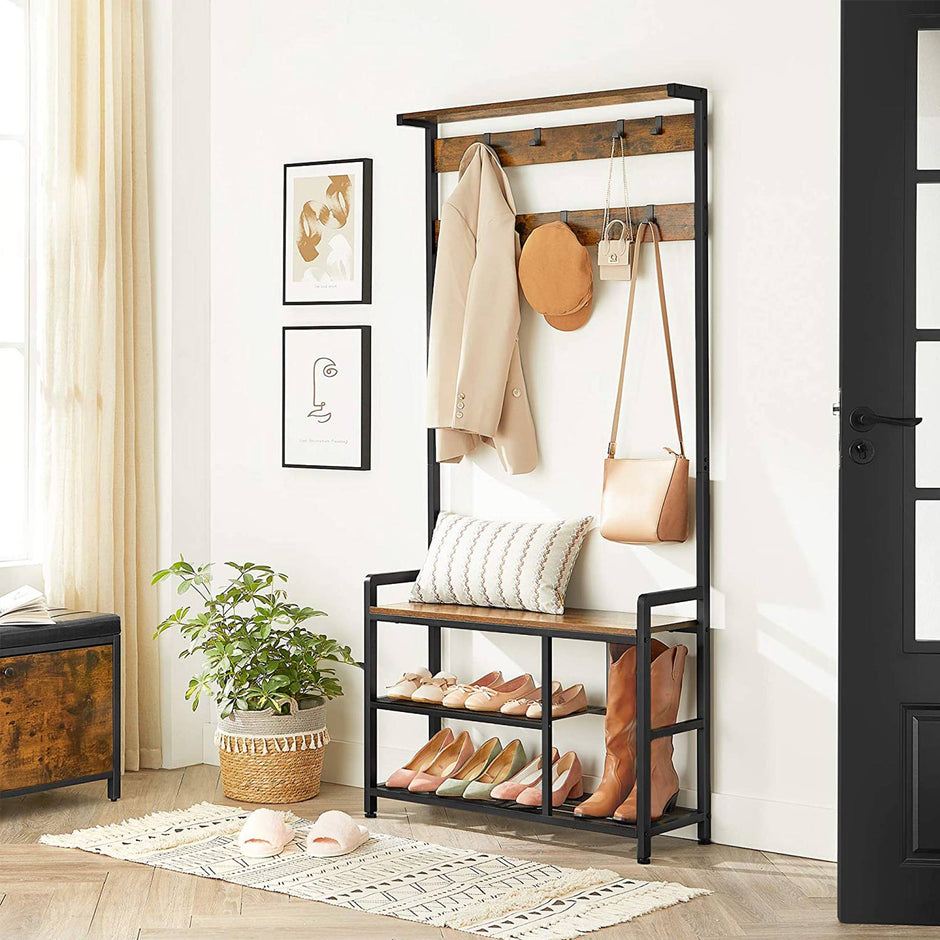 Coat Rack – Steel Frame – Rustic Brown and Black – Hall Tree with 8 Hooks and Shoe Bench