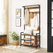 Coat Rack – Steel Frame – Rustic Brown and Black – Hall Tree with 8 Hooks and Shoe Bench