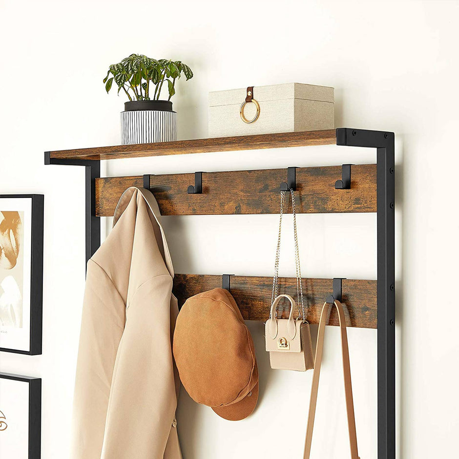 Coat Rack – Steel Frame – Rustic Brown and Black – Hall Tree with 8 Hooks and Shoe Bench