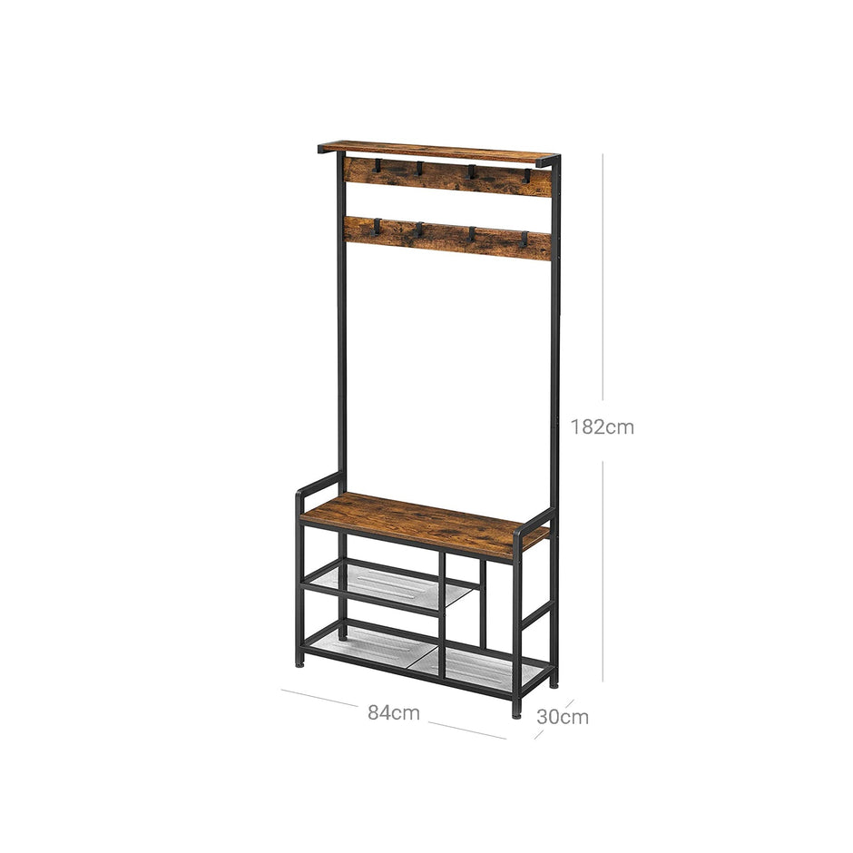 Coat Rack – Steel Frame – Rustic Brown and Black – Hall Tree with 8 Hooks and Shoe Bench