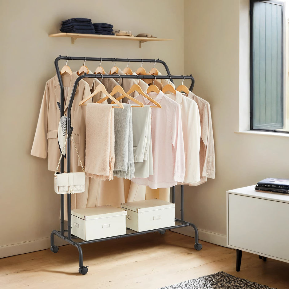 Clothing Rack – Metal – Black – Double-Rod with Wheels and Shelf, Heavy-Duty 100 kg Capacity