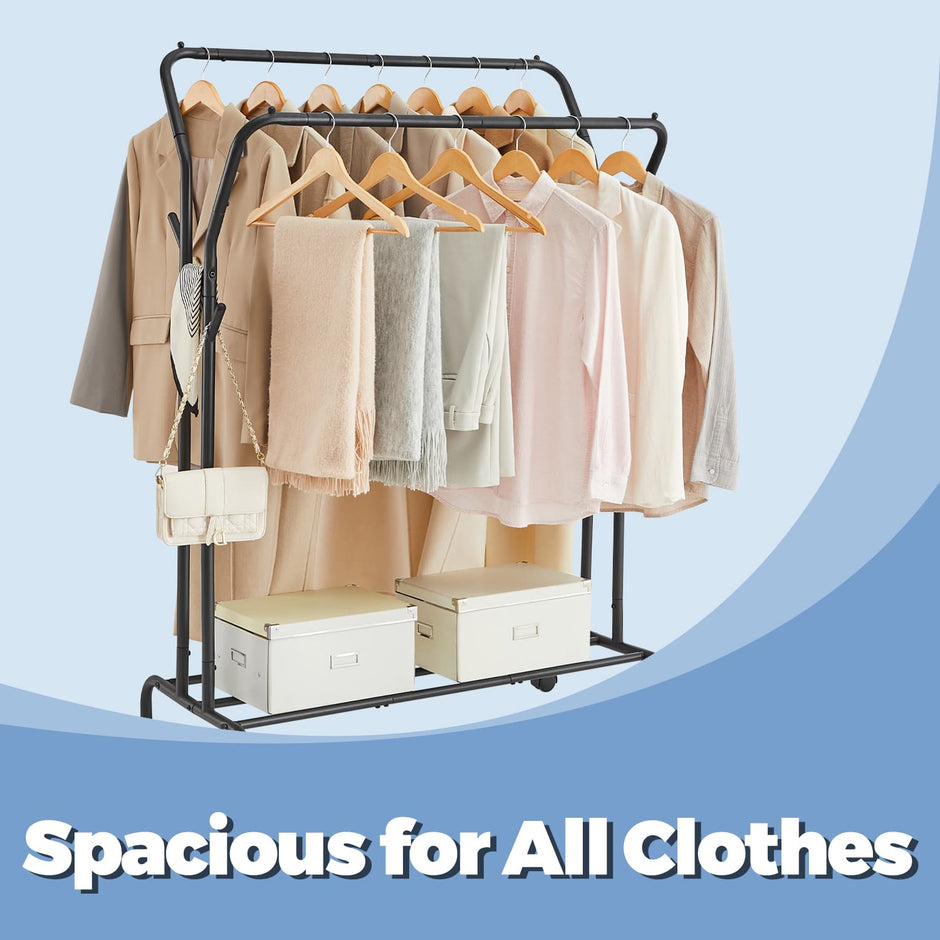 Clothing Rack – Metal – Black – Double-Rod with Wheels and Shelf, Heavy-Duty 100 kg Capacity