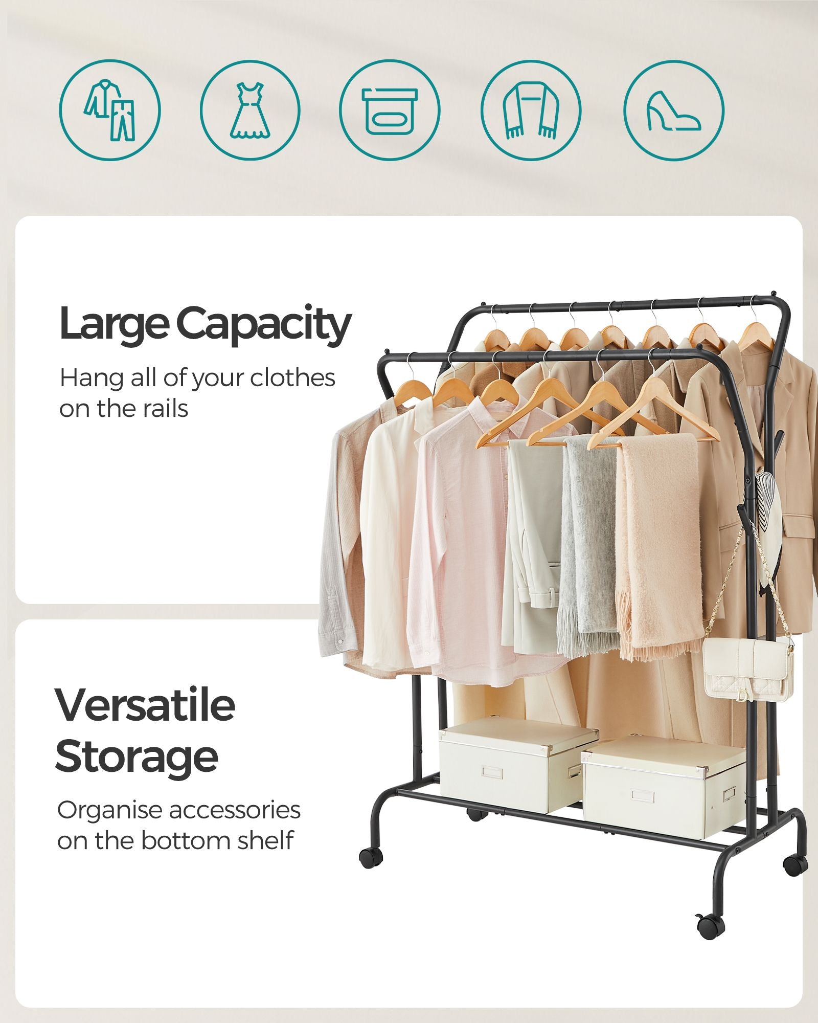 Double-Rail Clothes Rack – Heavy-Duty Metal – Black – Mobile with Shelf