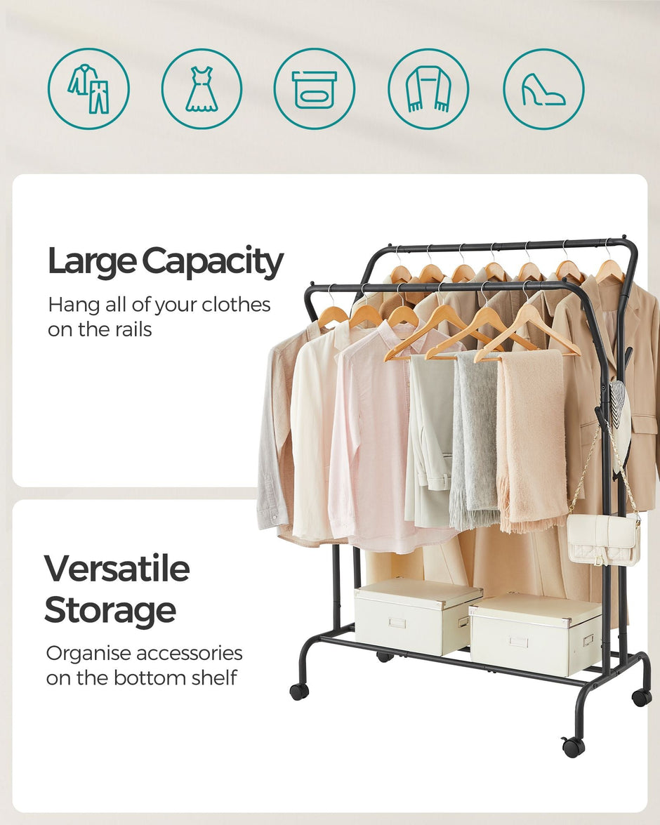 Double-Rail Clothes Rack – Heavy-Duty Metal – Black – Mobile with Shelf