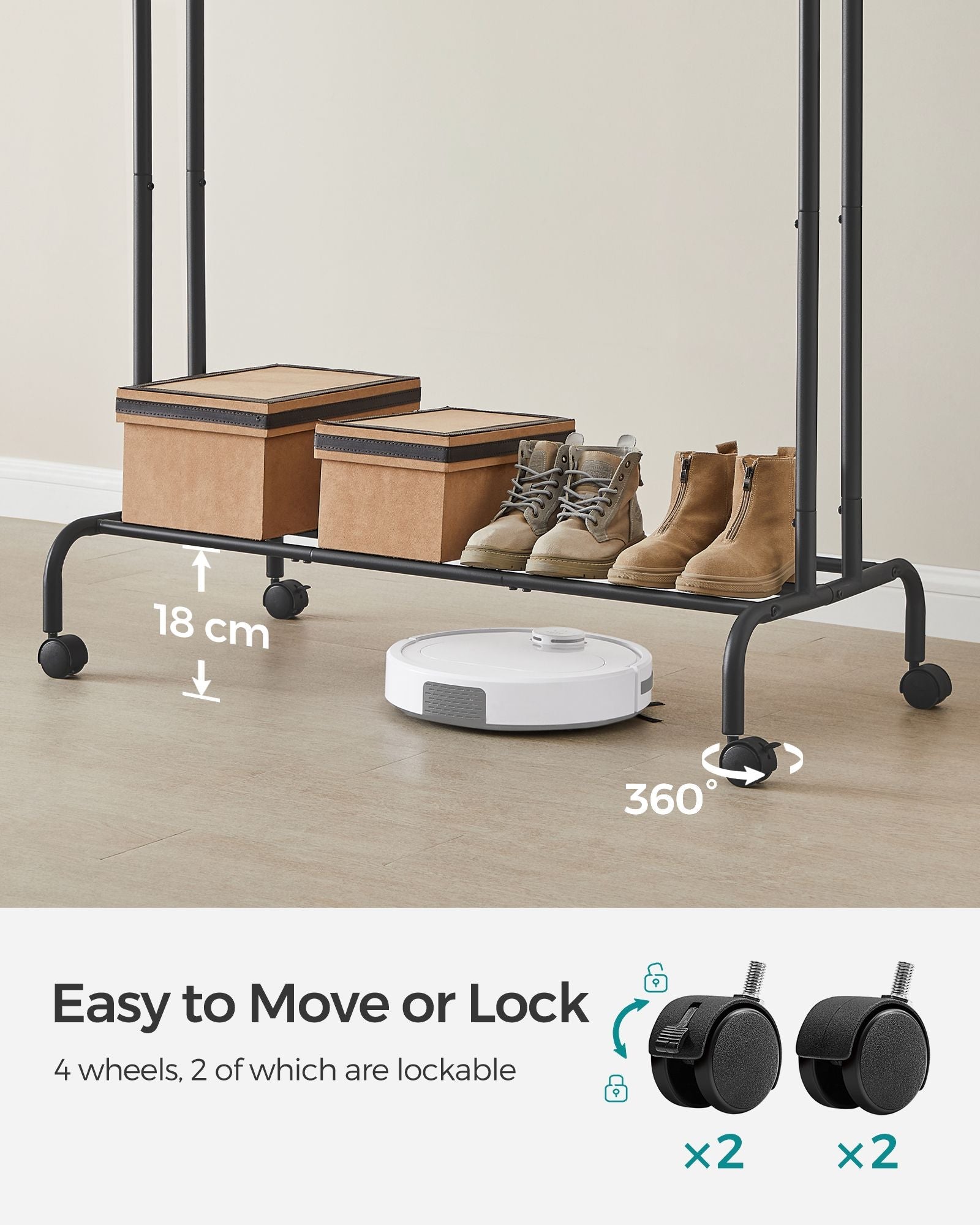 Double-Rail Clothes Rack – Heavy-Duty Metal – Black – Mobile with Shelf